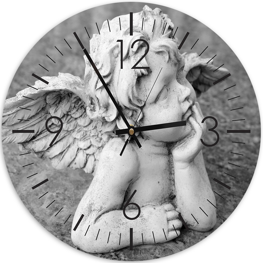 Horloge murale arrondie et analogique avec image décorative d'ange avec tons gris