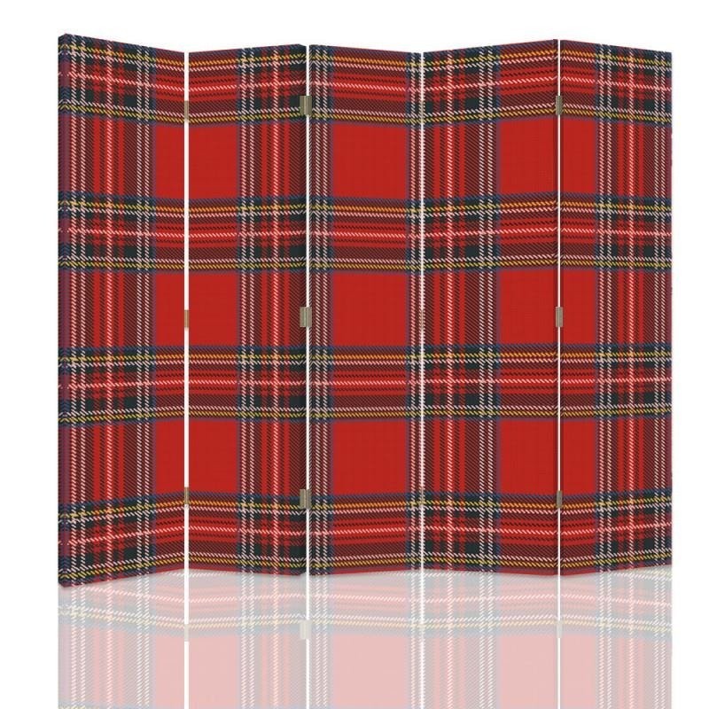 Paravent à deux faces 180 cm fabriqué en mdf et toile avec image de tartan de couleur rouge