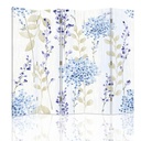 Paravent séparateur d'espaces avec motif petites fleurs imprimé sur toile avec finition bleue et cadre en mdf