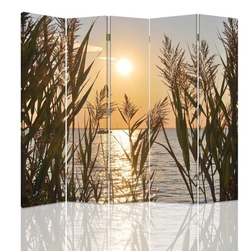 Paravent séparateur d'espaces avec image du coucher du soleil sur un lac imprimée sur toile avec finition marron et cadre en mdf