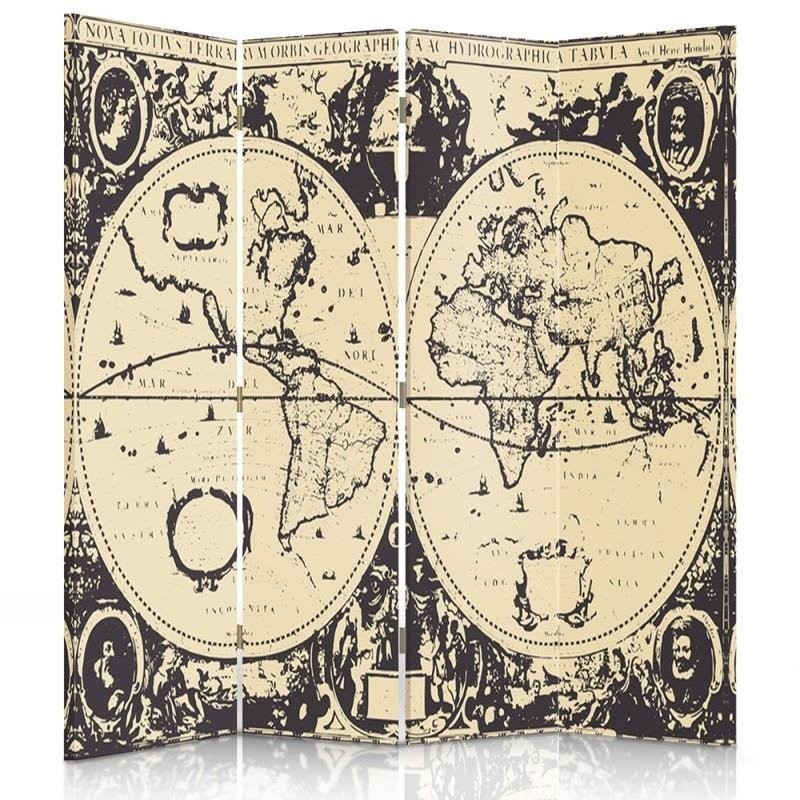 Paravent de couleur beige avec image d'une carte du monde vintage fabriqué en mdf et toile