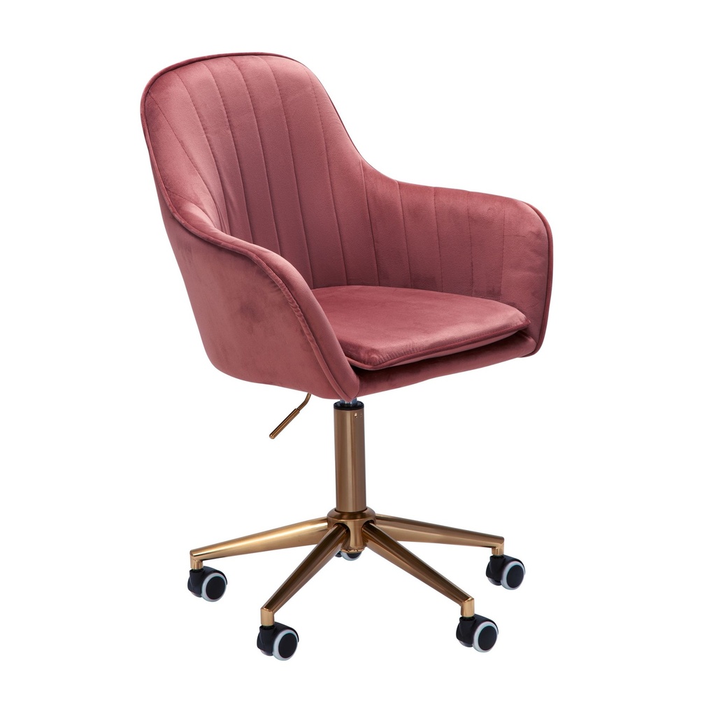 Chaise de bureau velours rose, avec dossier, réglable en hauteur jusqu'à 120 kg, avec roulettes, pivotante