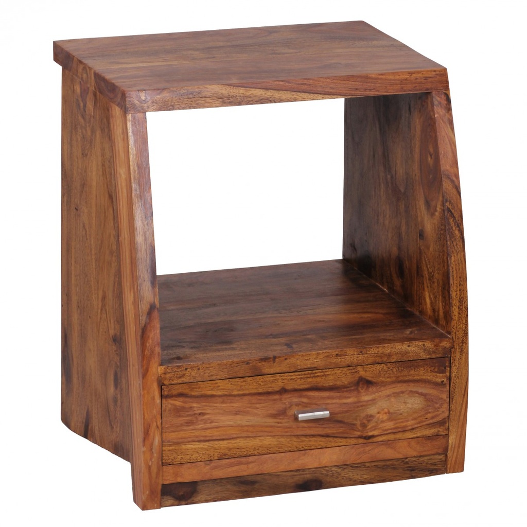 Table de chevet MUMBAI bois de Sesham massif 53 cm 1 étagère à tiroirs, style maison de campagne bois véritable