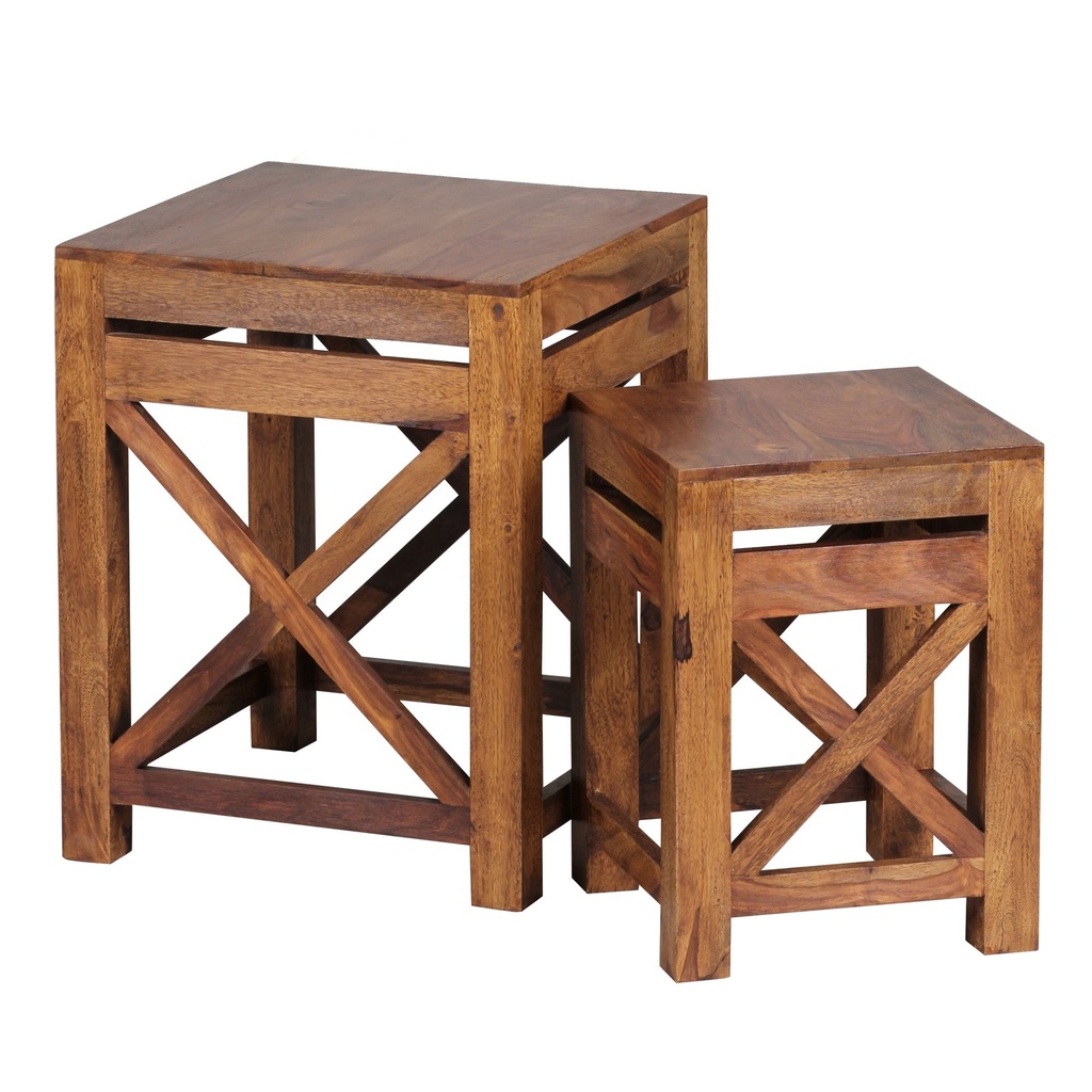 Set de 2 tables d'appoint PALI en bois de Sesham massif, design style maison de campagne marron foncé