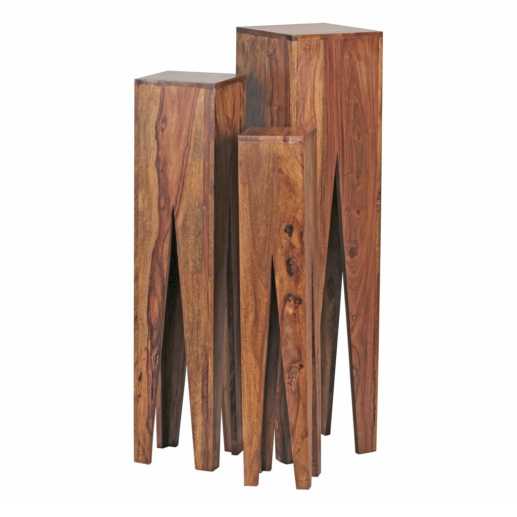 Table d'appoint lot de 3 KADA en bois de Sesham massif, colonnes design, style maison de campagne, carrée