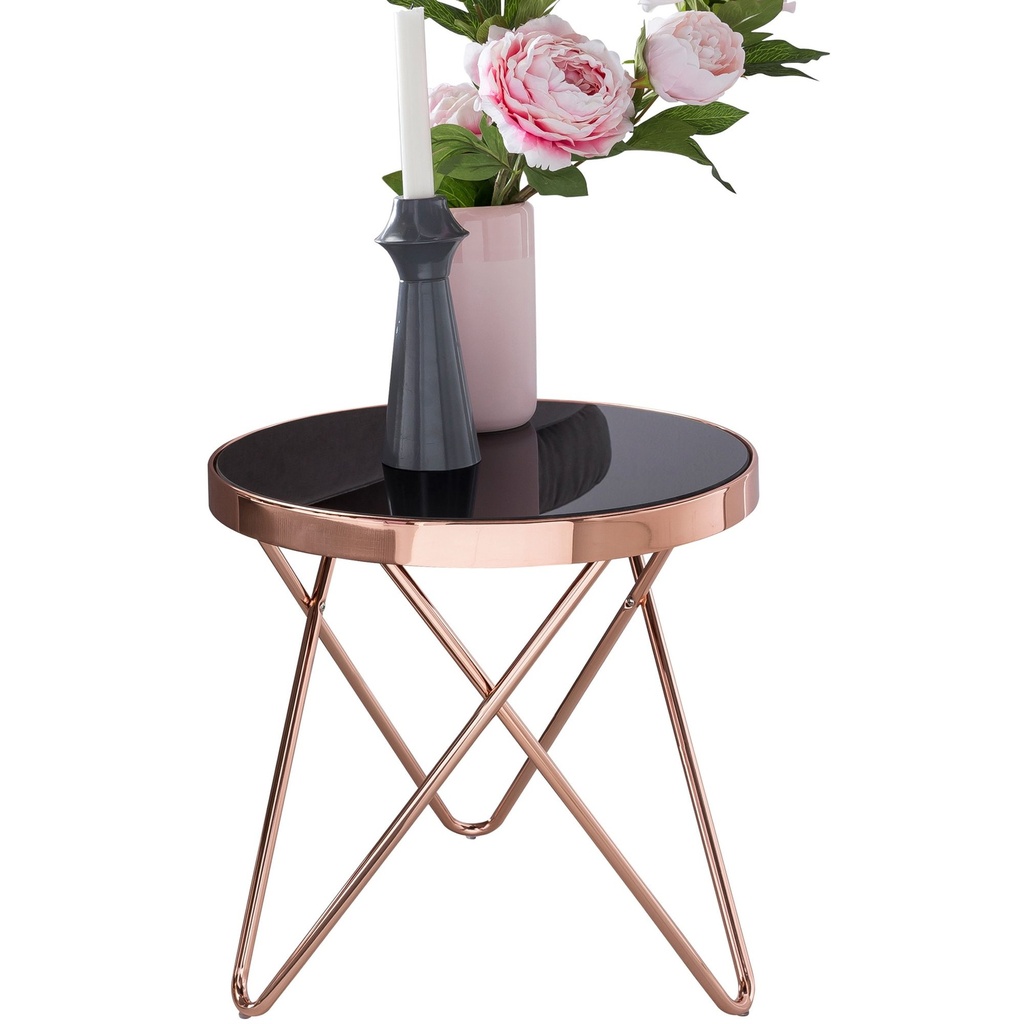 Design table d'appoint DANA trépied métal verre ø 42 cm noir/cuivre