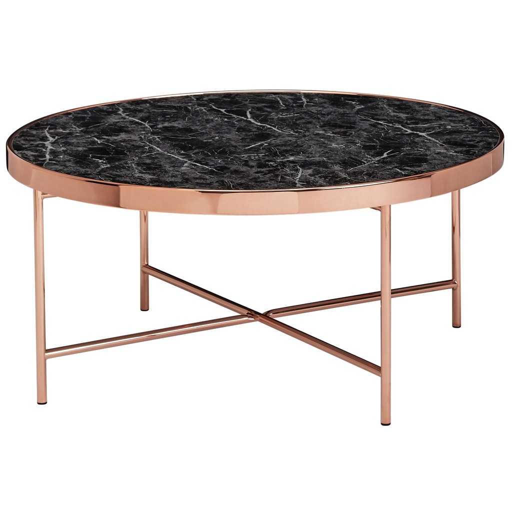 Design table basse aspect marbre noir - ronde Ø82,5 cm avec structure en métal cuivré