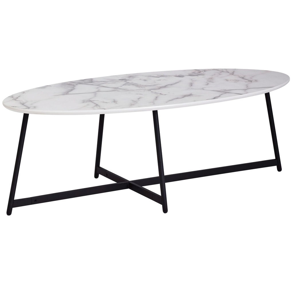 Design table basse ovale 120x60 cm aspect marbre blanc, avec pieds en métal noir