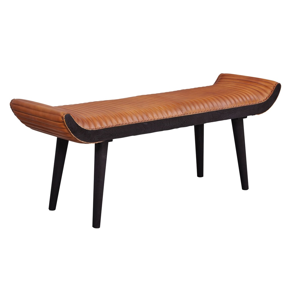 Banc en Cuir Véritable/Bois Massif Marron 125x51x38 cm Moderne