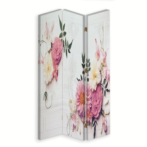 [A06207] Paravent séparateur d'espaces impression sur toile avec cadre en mdf fleurs roses