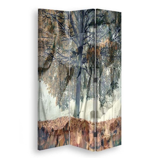 [A06234] Paravent séparateur d'espaces double-face en toile avec cadre en mdf motif arbre