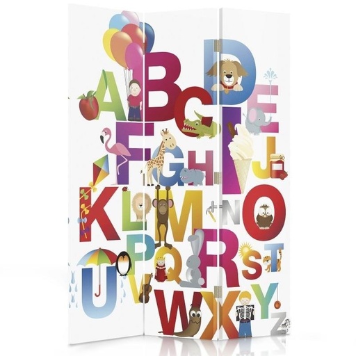 [A06249] Paravent séparateur d'espaces pour enfants double face en toile avec cadre en mdf motif alphabet