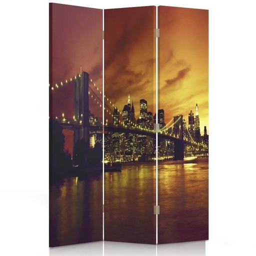 [A06278] Paravent séparateur d'espaces double face pivotant en toile et mdf motif pont de brooklyn et manhattan au coucher du soleil