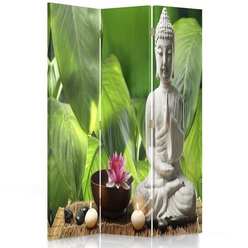 [A06287] Paravent pliable composé de trois parties bouddha sur un fond de feuilles