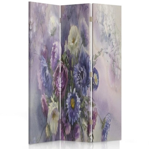 [A06291] Paravent pliable composé de trois parties bouquet de fleurs violet