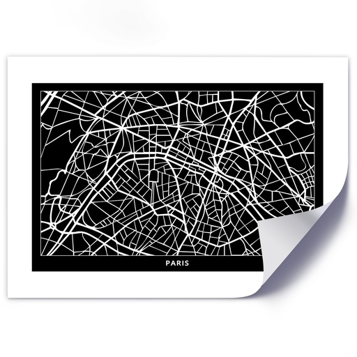 Poster mural en papier avec image d'une carte de paris couleur noir et blanc