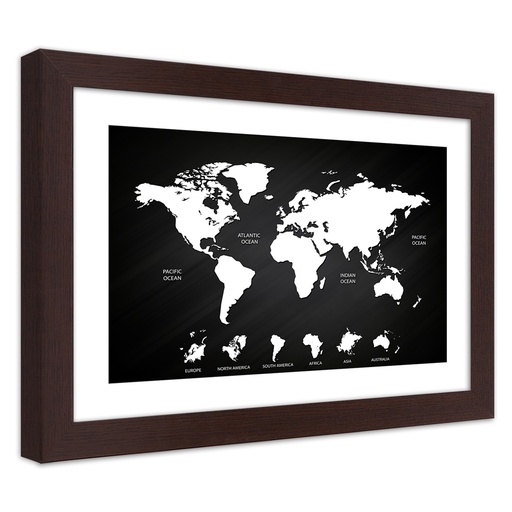 Cadre d'une carte du monde imprimée sur papier en mdf avec finition de couleur noir et blanc