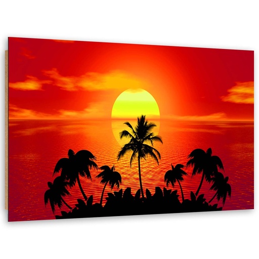 Cadre décoratif en mdf avec image de coucher du soleil et palmiers imprimée sur papier satiné avec finition rouge