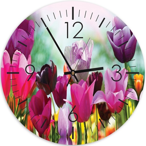 Horloge murale arrondie avec image décorative de tulipes colorées