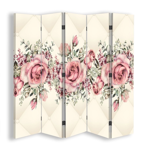 [A09028] Paravent séparateur d'espaces en toile avec cadre en mdf avec motif floral et finition de couleur rose