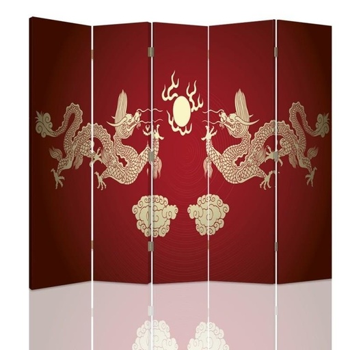 [A09054] Paravent séparateur d'espaces rectangulaire double face en toile avec motif dragons rouges