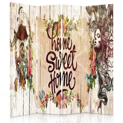 [A09108] Paravent avec image de home sweet home et de fleurs fabriqué en mdf et toile