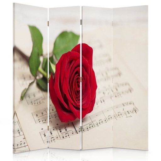 [A09130] Paravent avec image d'une rose et de notes de musique fabriqué en mdf et toile