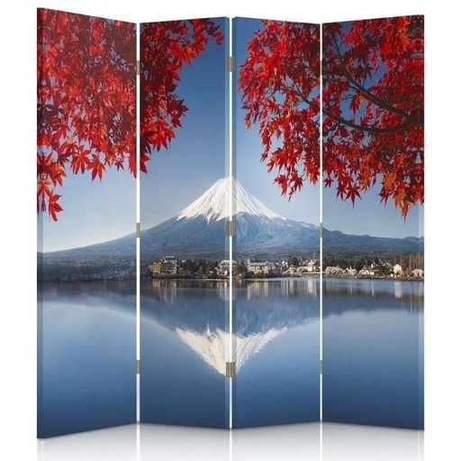 [A09152] Paravent à deux faces 145 cm fabriqué en mdf et toile avec image du mont fuji et de feuilles rouges