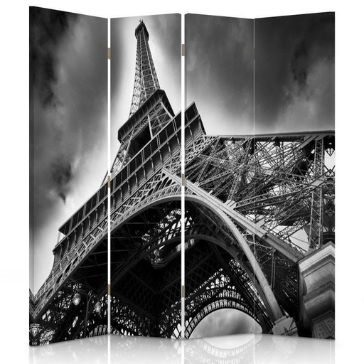 [A09154] Paravent à deux faces 145 cm fabriqué en mdf et toile avec image de la tour eiffel tons gris