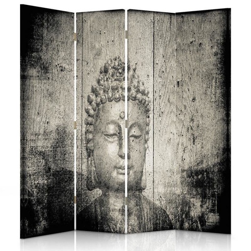 [A09155] Paravent à deux faces 145 cm fabriqué en mdf et toile avec image de bouddha tons gris