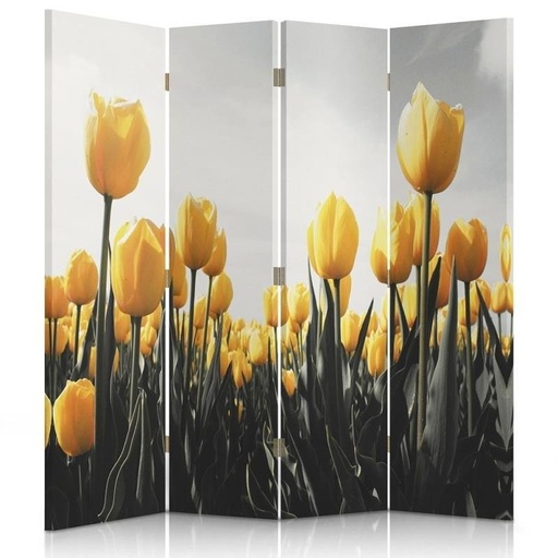 [A09173] Paravent à deux faces 145 cm fabriqué en mdf et toile avec image de tulipes jaunes