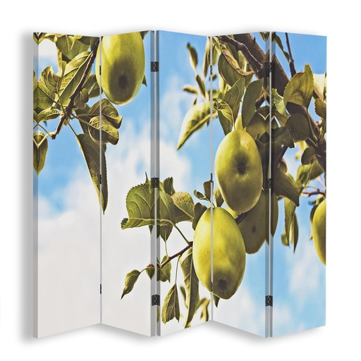 [A09181] Paravent séparateur d'espaces avec image de pommes imprimée sur toile avec finition verte et cadre en mdf