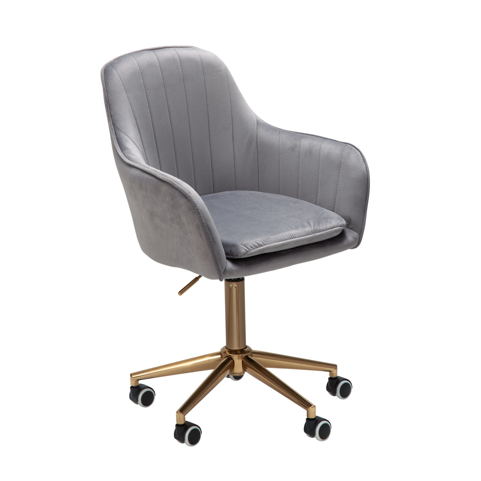 [A09499] Chaise de bureau velours gris, avec dossier, jusqu'à 120 kg, réglable en hauteur, avec roulettes, pivotante