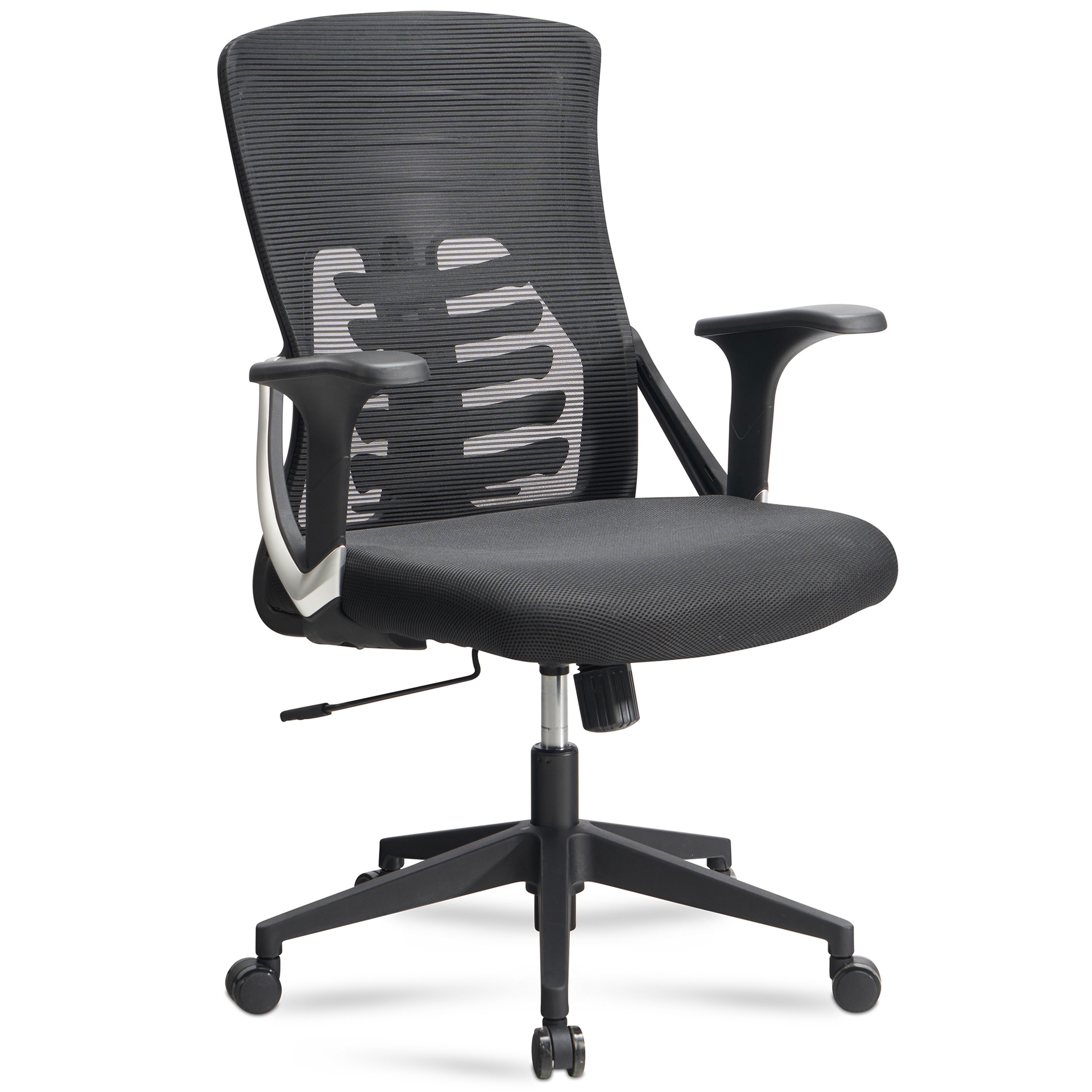 [A09503] Chaise de bureau housse en maille noire, jusqu'à 120 kg, réglable en hauteur avec support lombaire, ergonomique avec accoudoirs et fonction bascule