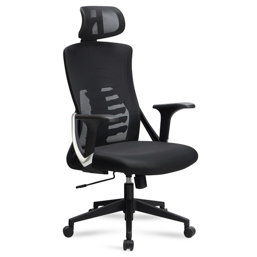 [A09505] Chaise de bureau housse en maille noire, jusqu'à 120 kg avec appui-tête, réglable en hauteur avec support lombaire, ergonomique avec fonction bascule