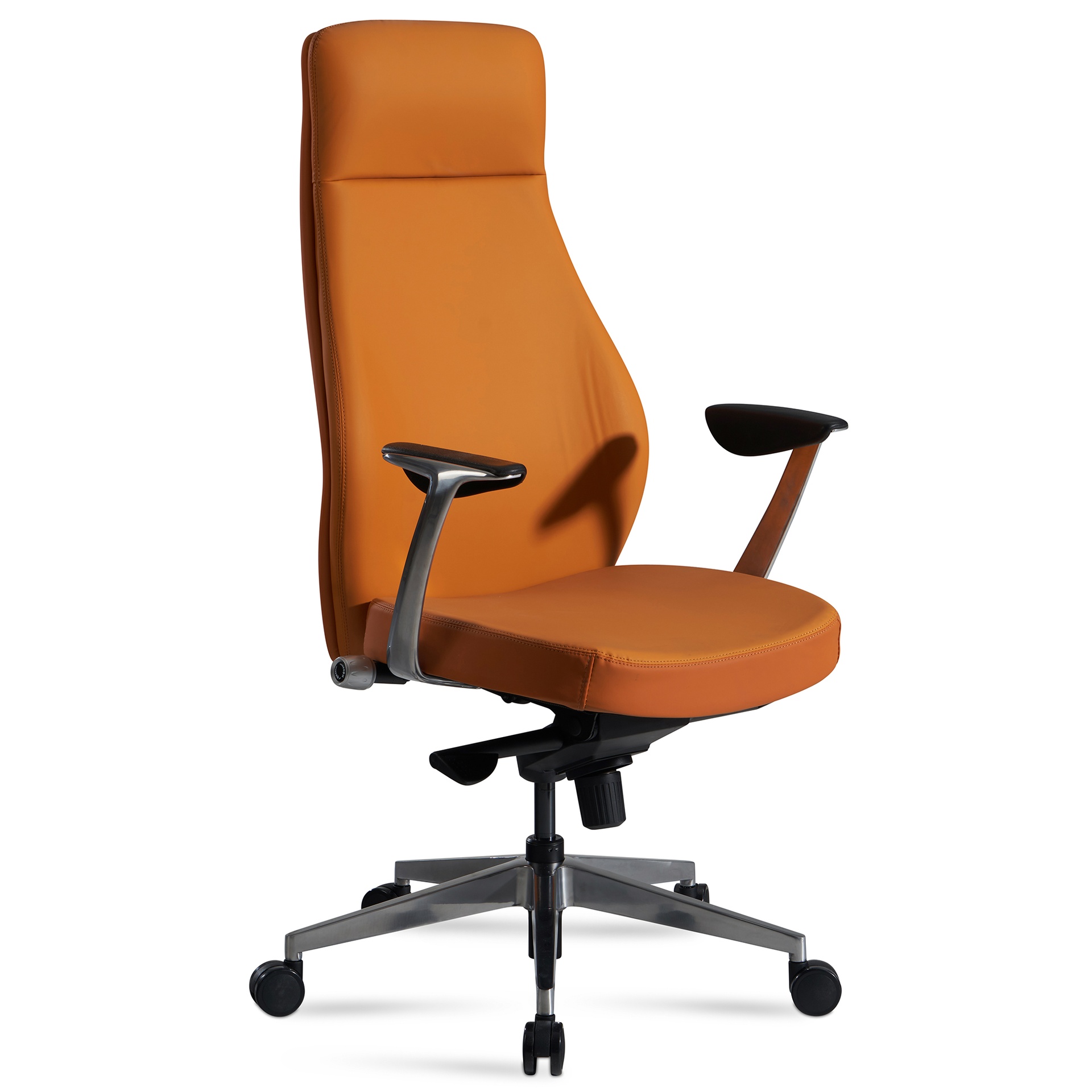 [A09507] Chaise de bureau avec revêtement en cuir artificiel, caramel, jusqu'à 120 kg, fauteuil de direction, réglable en hauteur, ergonomique avec accoudoirs et dossier haut, fonction bascule