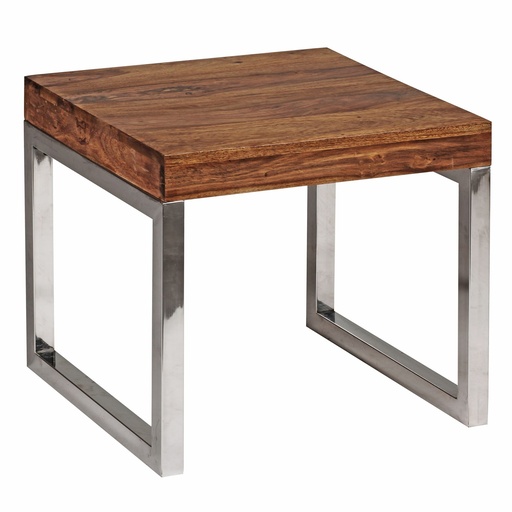 [A09579] Table d'appoint GUNA 45 x 40 x 45 cm en bois massif de Sesham structure en métal style maison de campagne, marron foncé naturel