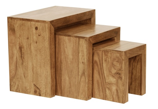 [A09614] Set de 3 tables gigognes MUMBAI en bois massif d'acacia style maison de campagne, bois naturel marron foncé