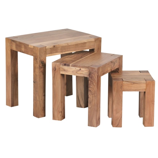 [A09617] Set de 3 tables gigognes MUMBAI en bois massif d'acacia style maison de campagne bois naturel marron foncé