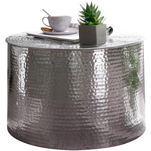 [A09841] Table basse RAHI 61 x 40,5 x 61 cm aluminium argent rond oriental