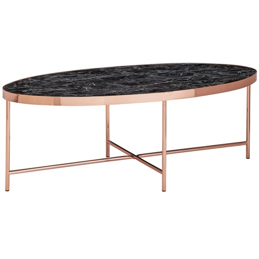 [A09976] Design table basse aspect marbre noir - ovale 110 x 56 cm avec structure en métal cuivré