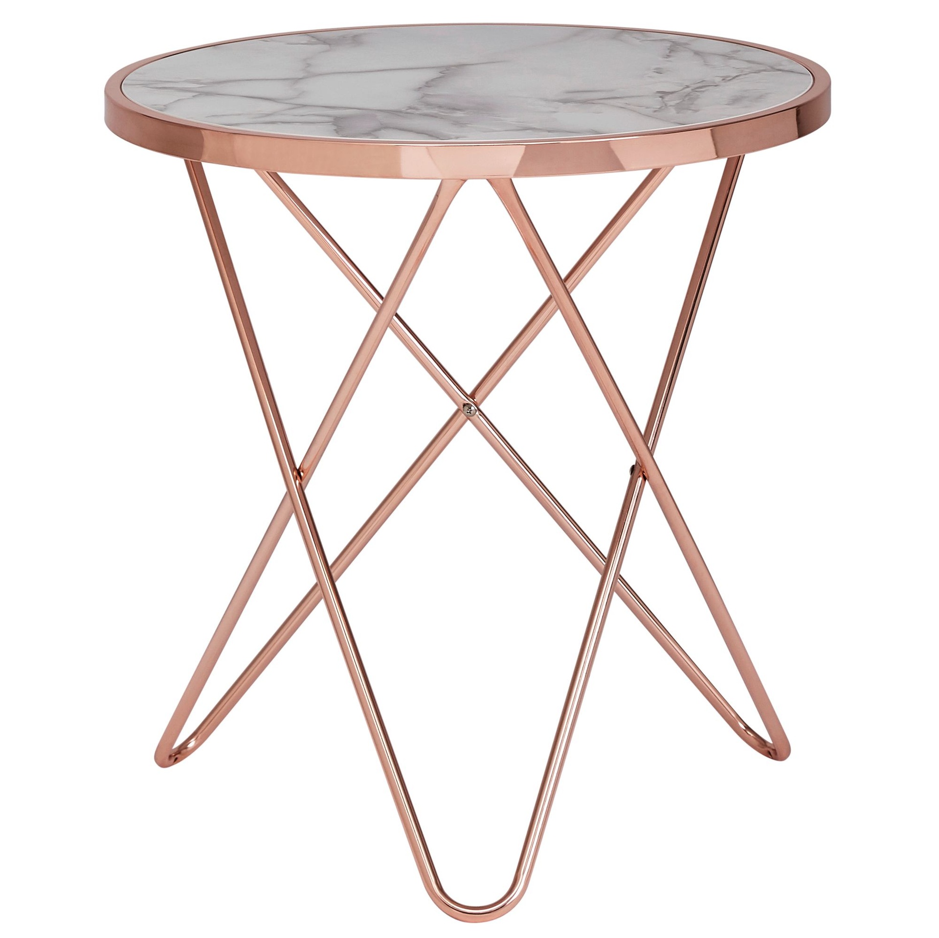 [A09979] Design table d'appoint aspect marbre blanc ronde Ø55 cm structure en métal cuivré