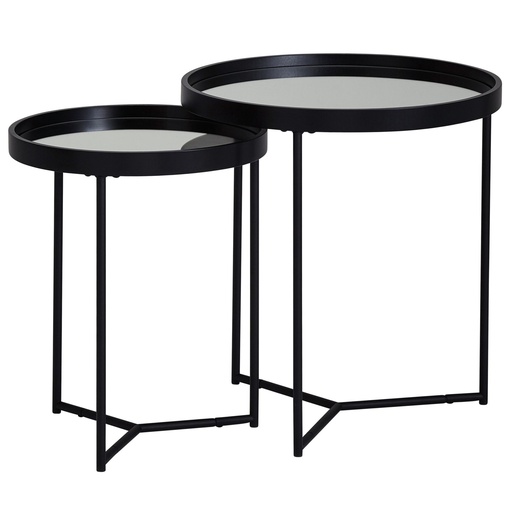 [A09983] Design table d'appoint ronde Ø 50/36 cm - 2 parties noir avec plateau en verre miroir