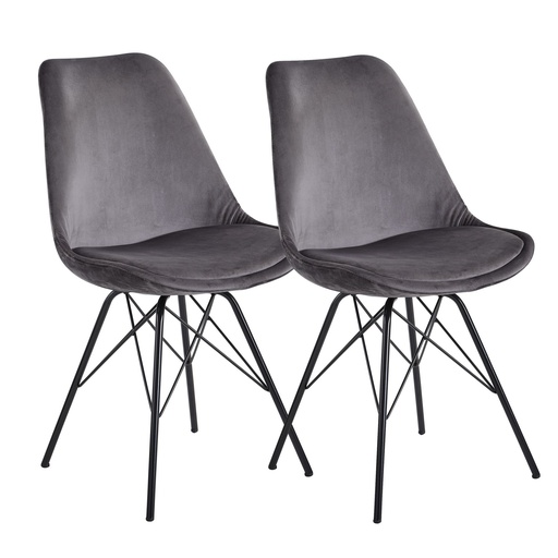 [A10041] Chaise de salle à manger, lot de 2, velours gris avec pieds noirs