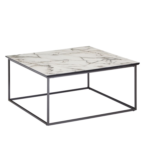 [A10066] Table basse carrée 80 x 38 x 80 cm aspect marbre blanc, avec structure en métal noir