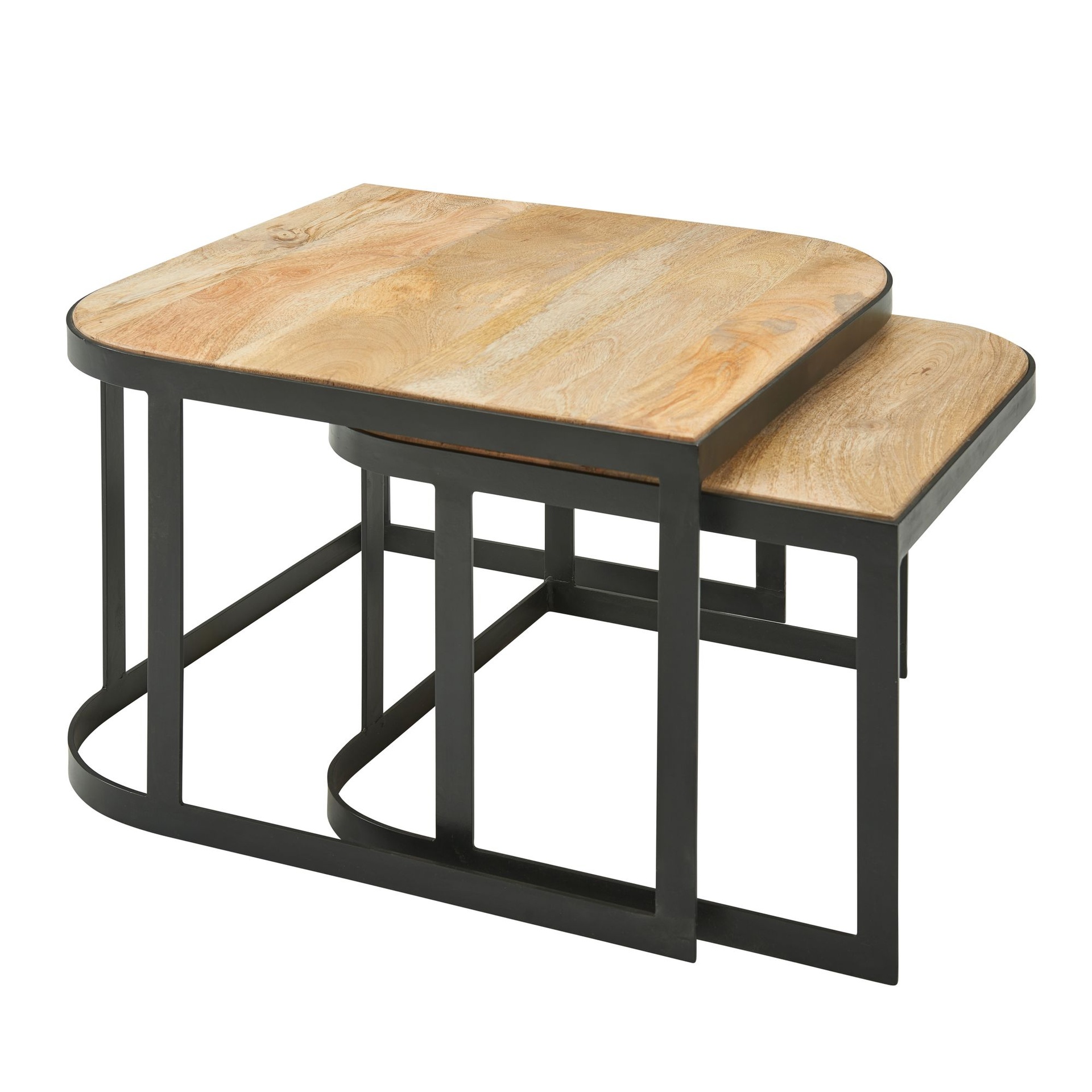 [A10108] Set de 2 tables basses en bois massif de manguier / métal, clair