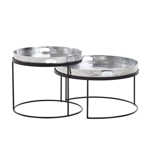 [A10156] Lot de 2 tables basses rondes martelées en métal argenté/noir, table de canapé avec plateau amovible, table de canapé 2 pièces moderne