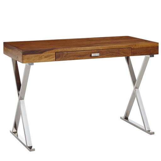 [A10205] Bureau 120x55x78 cm bois massif Sheesham / métal chromé, table de bureau design avec tiroir