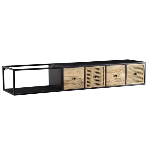 [A10229] Lowboard suspendu en manguier massif/métal 150x25x35 cm meuble TV noir, table TV design tresse viennoise moderne