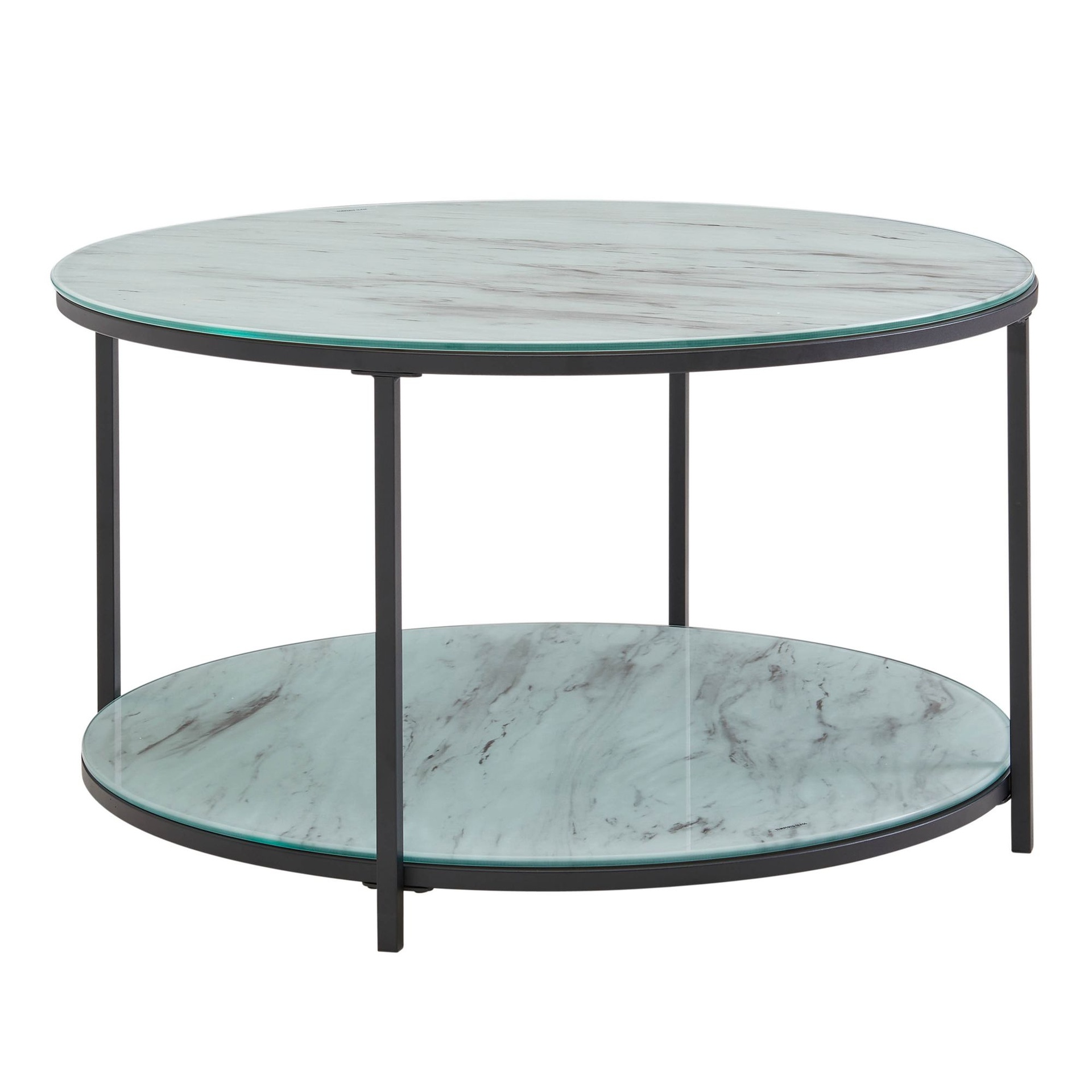 [A10238] Table basse 80x80x45 cm table de canapé en verre ronde aspect marbre blanc/noir, table de salon avec espace de rangement, table basse en métal